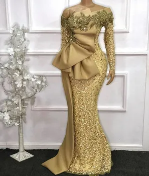 Elegantiškas Afrikos ilgomis Rankovėmis Nėrinių Undinė Vakaro Suknelės 2021 aukso Matyti Per Visą Rankovės Zawalcowany Prom Chalatai Chalatas De Soiree