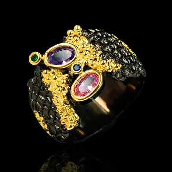 Žavesio Moterų Vaivorykštė Ovalo formos Žiedas Crystal Derliaus Didelis 14KT Juodojo Aukso Vestuvinis Žiedas Žada Geometrinis Sužadėtuvių Žiedai Moterims