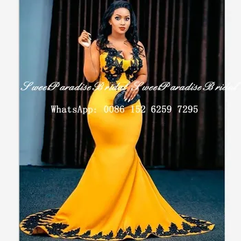 2020 Aukso Geltonos Undinė Prom Dresses Su Juoda Appliques 2020 M. Moteris Ilgai Traukinio Oficialų Vakarinę Suknelę Šalies Vestido De Festa