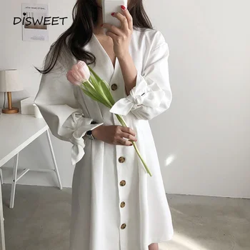 2019 Balta Suknelė Moterų Elegantiškas Korėjos Ilgomis Rankovėmis Peteliškę Suknelės Moterims Derliaus Prarasti V-Kaklo Aukštos Juosmens Moterų Atsitiktinis Sundress
