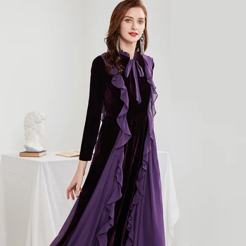 Moterų kilimo ir tūpimo Tako Suknelės Susiėmę Apykaklės ilgomis Rankovėmis Nėrinių Raukiniai Elegantiškas Maxi Dizaineris Šalies Prom Vestidos