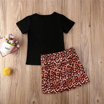 2020 Mados Bamblys Vaikams Baby Girl vasaros Aprangą trumpos rankovės, juodos spalvos Top marškinėliai mini užtrauktukas Leopard Sijonai mergaitėms, Drabužiai Rinkinys