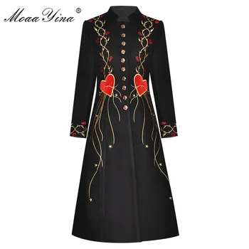 MoaaYina Mados Dizaineris Vilnoniai paltai Žiemos Moterys ilgomis rankovėmis Stovėti apykaklės Single-breasted Siuvinėjimo juoda Vintage Paltas
