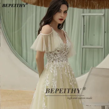 BEPEITHY-Line Šampano vakarinę Suknelę Baltos spalvos Nėrinių Gėlių Elegantiškas Nuimamos Rankoves Ilgos Promenadzie Suknelė Vestuves Moterų 2020 m.