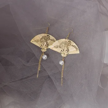 Kinijos vintage stiliaus raižyti ventiliatorius, lyginimo ventiliatorius auskarai senovės stiliaus Hanfu super fairy pearl kutas auskarai, sulankstomas auskarai